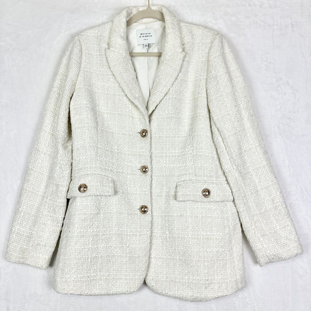 Maison d'Amelie Tweed Blazer Size Medium Cream Gold Buttons Classic Preppy